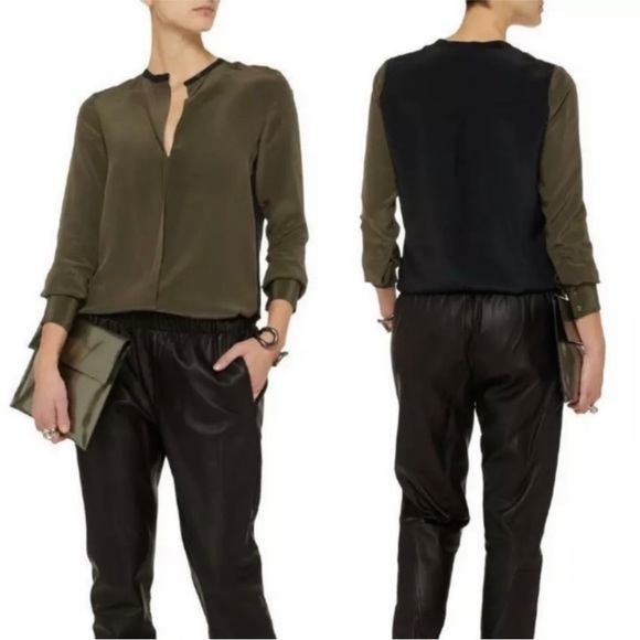 Vince Color Block, Olive & Black, Silk Tunic Top, Like NEW. Size 4 - Picture 5 of 14